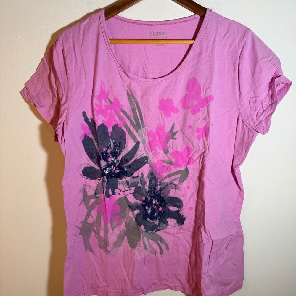 Hanes Pink and Gray Floral Women's Tee
